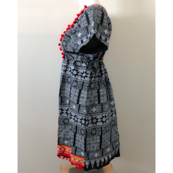 Thai Free Size Black and White Boho Festival Dress With Red Pom Poms - Picture 3 of 7